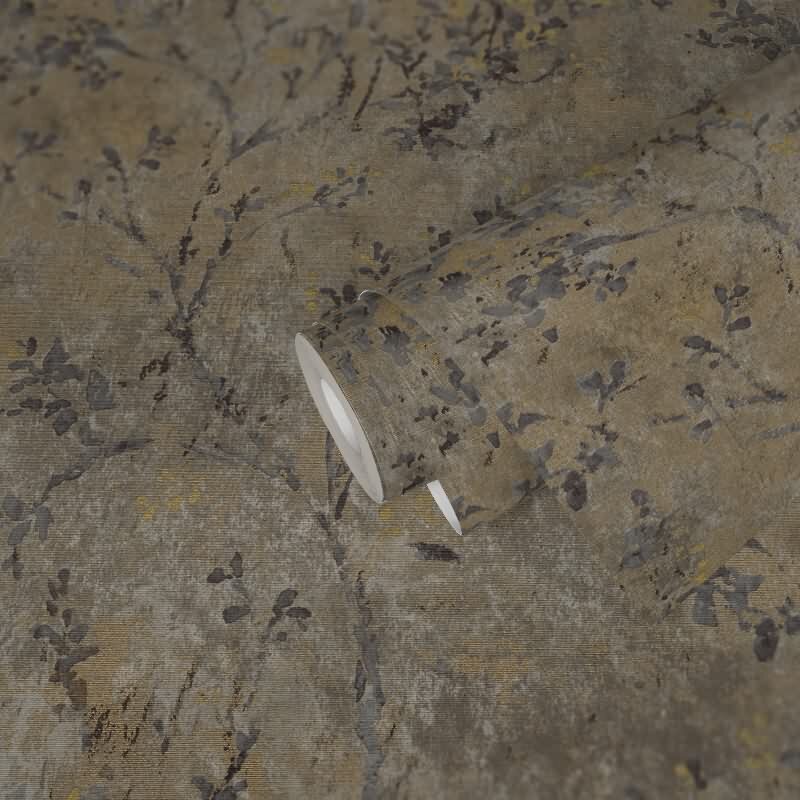 Florale Mustertapete VintageBraun Gold Grau - Vliestapete mit Ästen & Blüten (396501)