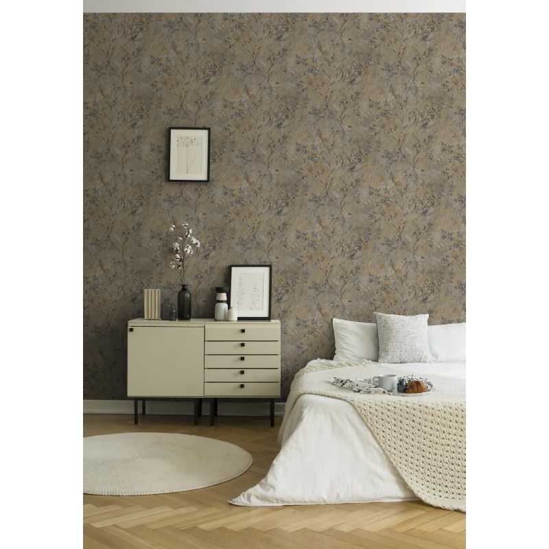 Florale Mustertapete VintageBraun Gold Grau - Vliestapete mit Ästen & Blüten (396501)