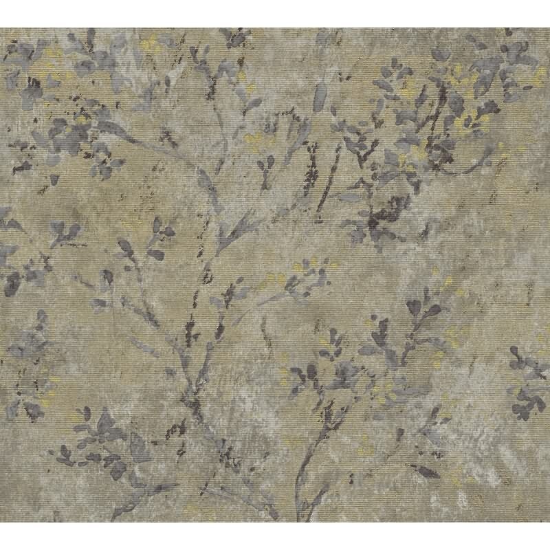 Florale Mustertapete VintageBraun Gold Grau - Vliestapete mit Ästen & Blüten (396501)