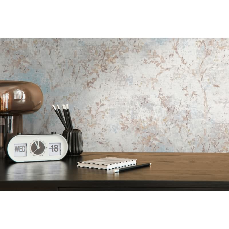 Florale Tapete Vintage Beige Blau - Vliestapete mit Ästen & Blütenmuster (396502)