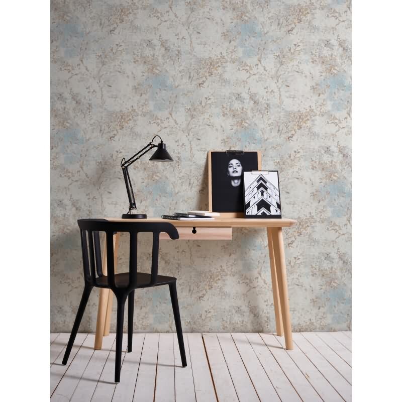 Florale Tapete Vintage Beige Blau - Vliestapete mit Ästen & Blütenmuster (396502)