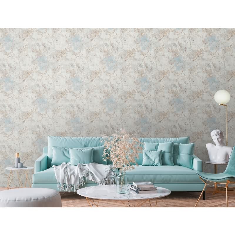 Florale Tapete Vintage Beige Blau - Vliestapete mit Ästen & Blütenmuster (396502)