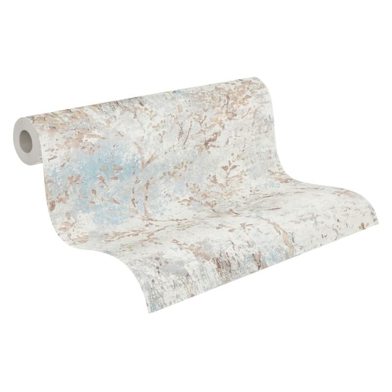 Florale Tapete Vintage Beige Blau - Vliestapete mit Ästen & Blütenmuster (396502)