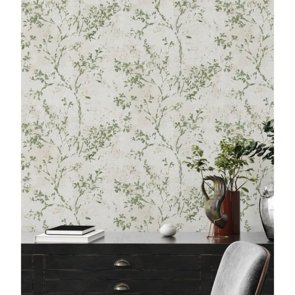 Florale Tapete Vintage Grün Beige - Vliestapete mit Ästen & Aquarelloptik (396504)