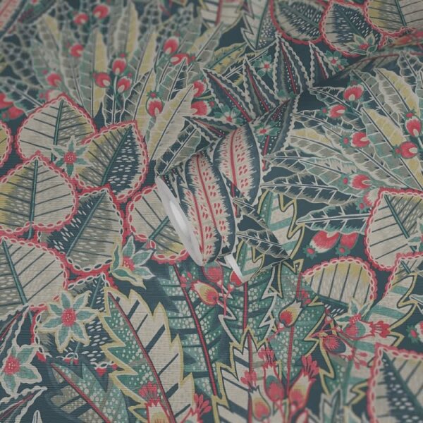 Dschungel-Tapete mit exotischem Blättermuster Blau Grün Rot - Vliestapete strukturiert (396532)