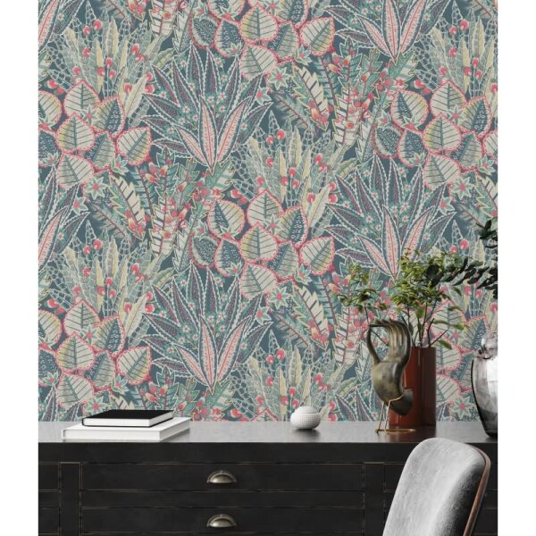 Dschungel-Tapete mit exotischem Blättermuster Blau Grün Rot - Vliestapete strukturiert (396532)