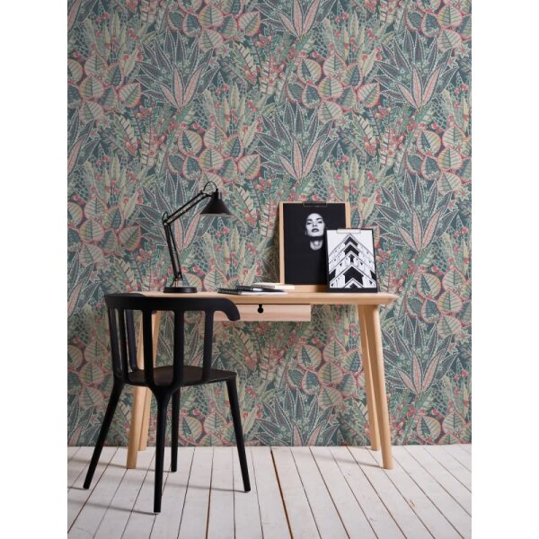 Dschungel-Tapete mit exotischem Blättermuster Blau Grün Rot - Vliestapete strukturiert (396532)