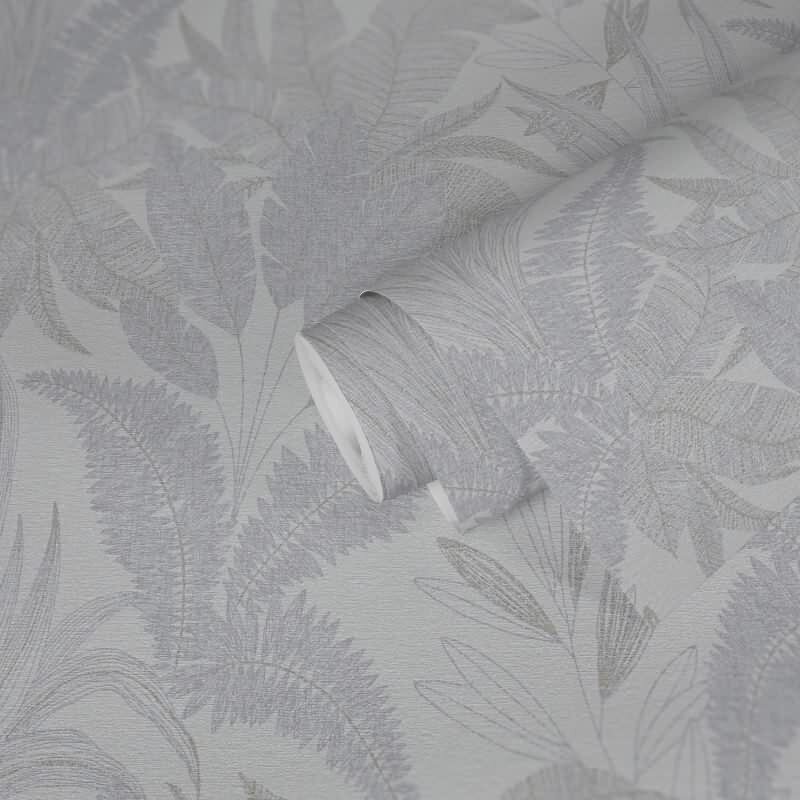 Tropentapete Weiß Grau - Dezentes Blätter Muster - Dschungel Vliestapete mit Struktur (396541)