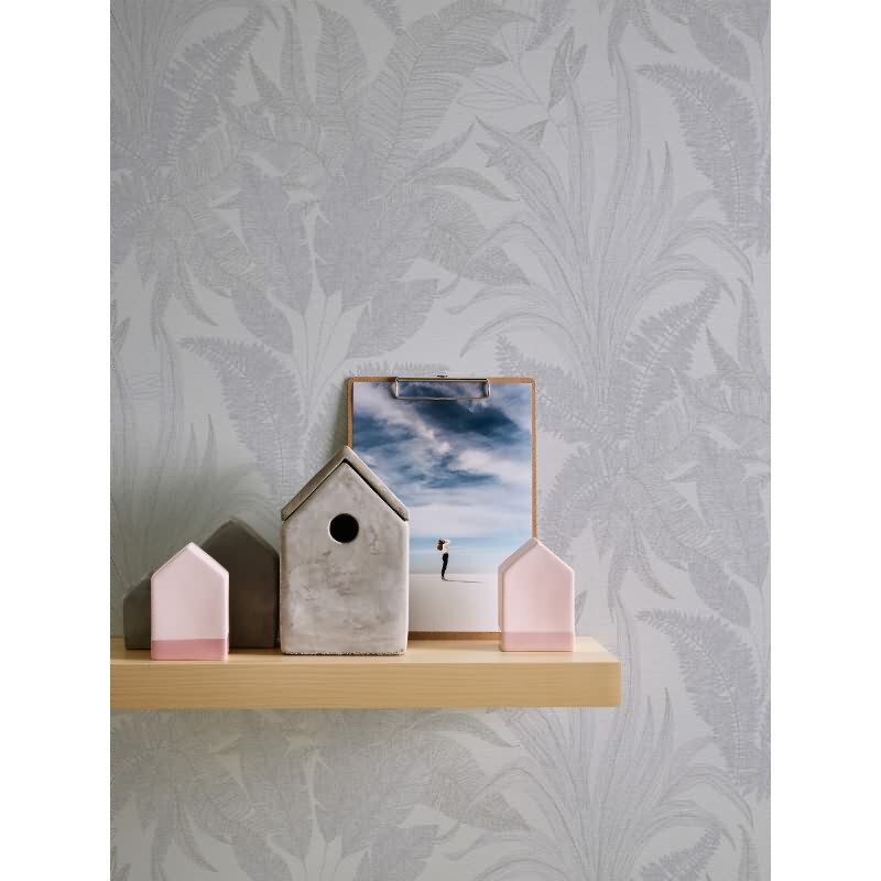 Tropentapete Weiß Grau - Dezentes Blätter Muster - Dschungel Vliestapete mit Struktur (396541)