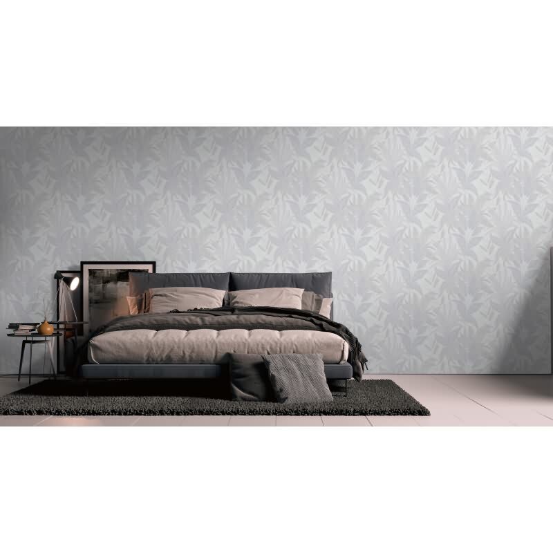 Tropentapete Weiß Grau - Dezentes Blätter Muster - Dschungel Vliestapete mit Struktur (396541)