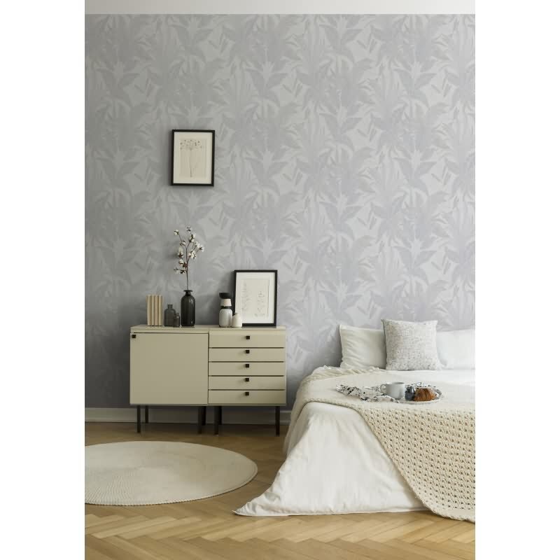 Tropentapete Weiß Grau - Dezentes Blätter Muster - Dschungel Vliestapete mit Struktur (396541)