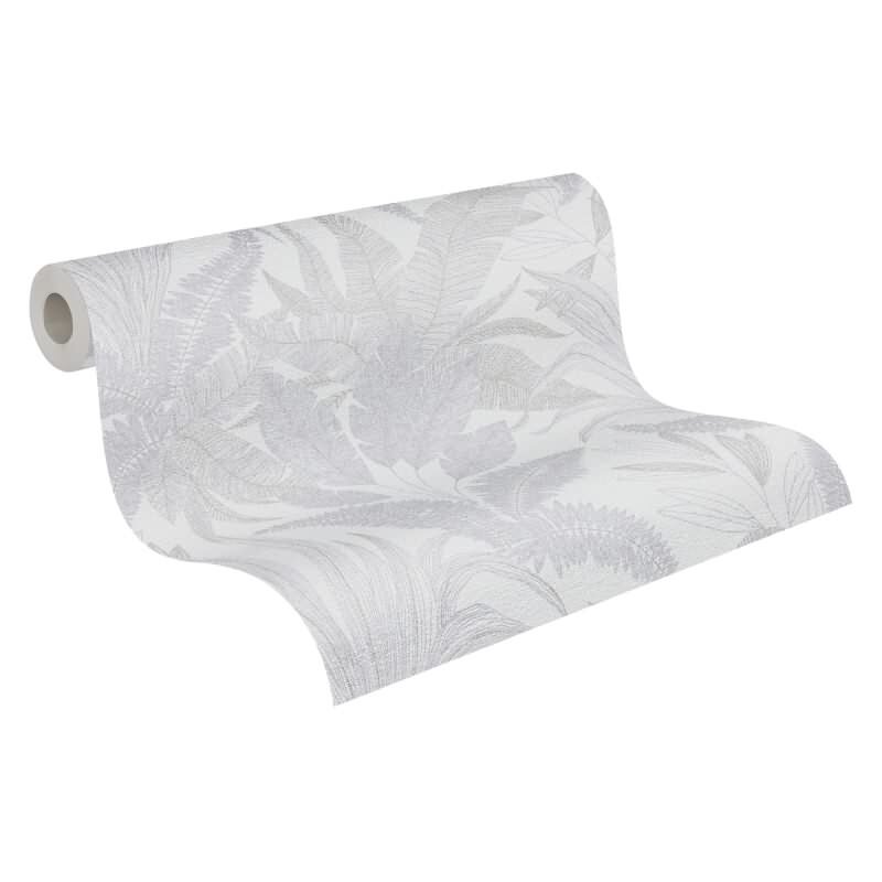 Tropentapete Weiß Grau - Dezentes Blätter Muster - Dschungel Vliestapete mit Struktur (396541)