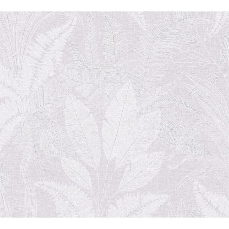 Tropentapete Flieder Hellgrau Weiß - Sanftes Blätter Muster glänzend - Vliestapete modern (396544)