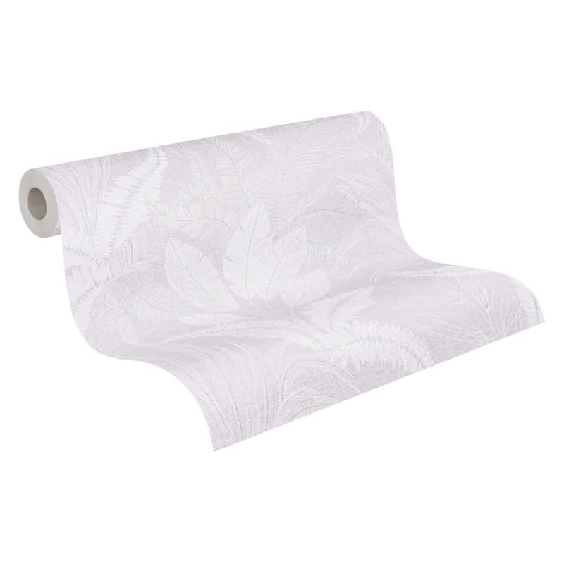 Tropentapete Flieder Hellgrau Weiß - Sanftes Blätter Muster glänzend - Vliestapete modern (396544)