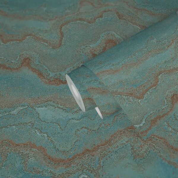 Marmoroptik-Tapete Blau Türkis Gold Metallic - Vliestapete mit Steinstruktur glänzend (396591)