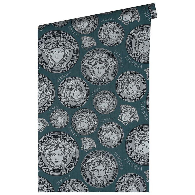 Tapete Grau, Silber Petrol Blau Grün VERSACE Satintapete (386111)