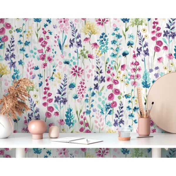 Florale Tapete Aquarell Optik Rosa Flieder – Bunte Blumen Vlies Tapete verspielt AS-Creation (396061)