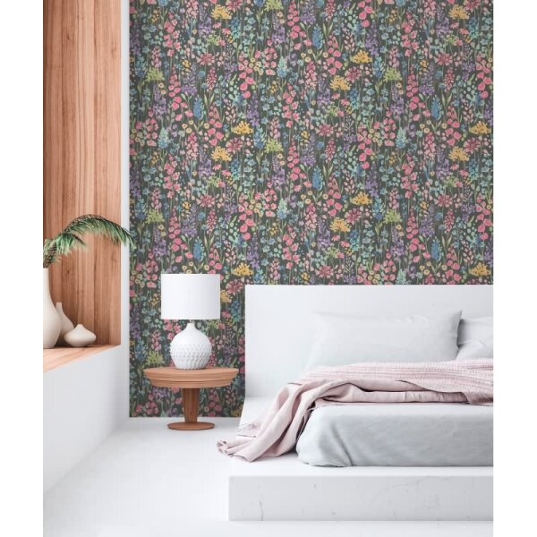Florale Tapete Aquarelloptik Schwarz Bunt – Vliestapete mit Blumen auf dunklem Grund AS-Creation (396064)