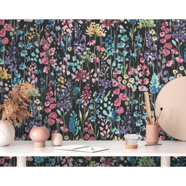 Florale Tapete Aquarelloptik Schwarz Bunt – Vliestapete mit Blumen auf dunklem Grund AS-Creation (396064)