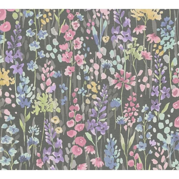 Florale Tapete Aquarelloptik Schwarz Bunt – Vliestapete mit Blumen auf dunklem Grund AS-Creation (396064)