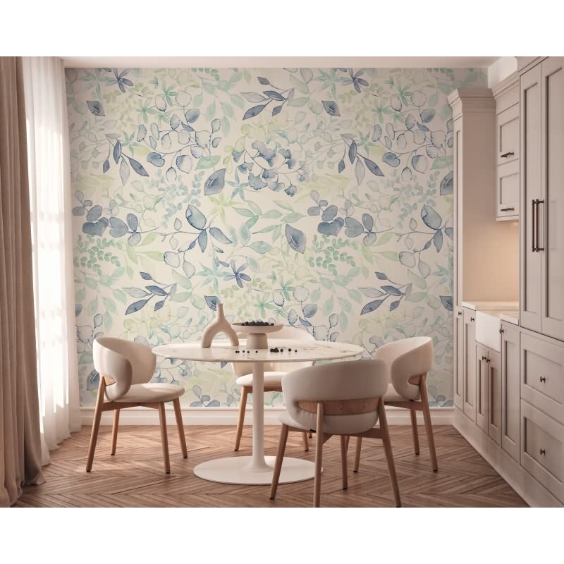 Botanische Fototapete Blau Grün Weiß – Vlies Tapete mit Blätter Motiv Aquarellstil AS-Creation (396921)