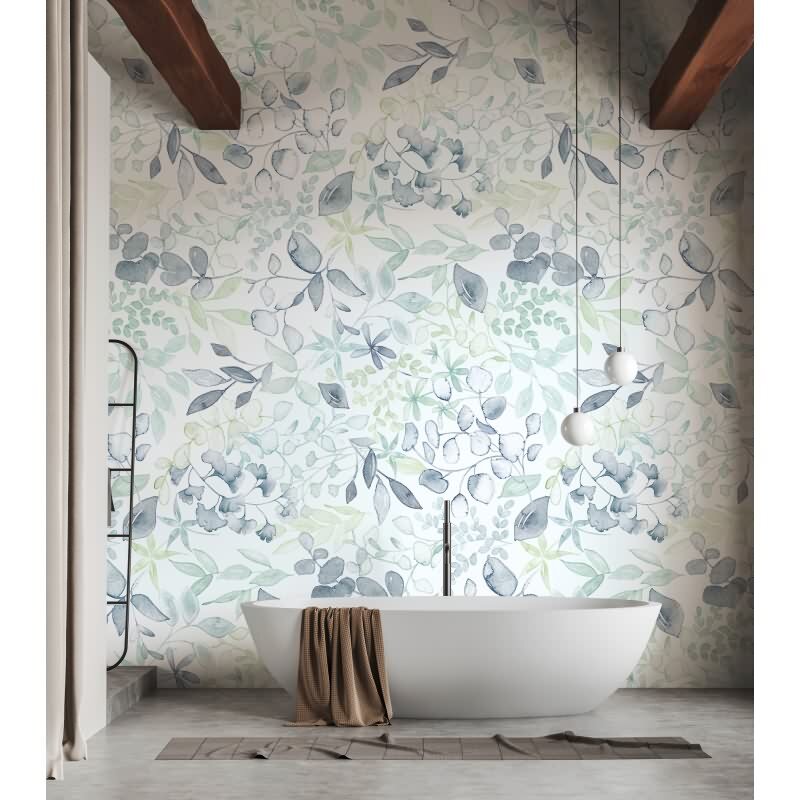 Botanische Fototapete Blau Grün Weiß – Vlies Tapete mit Blätter Motiv Aquarellstil AS-Creation (396921)