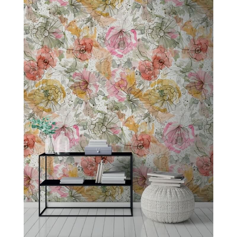 Florale Fototapete Beige Grün Rosa – Vliestapete mit zarten Blumenlinien in Aquarelloptik AS-Creation (396941)