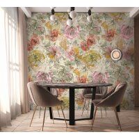 Florale Fototapete Beige Gr&uuml;n Rosa &ndash;...