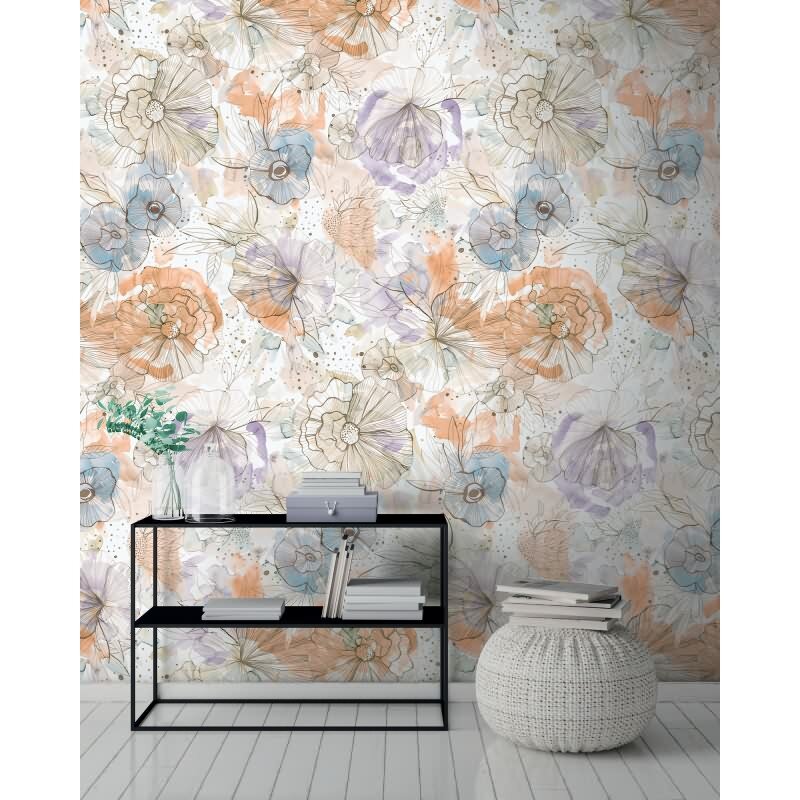 Florale Foto Tapete Beige Blau Orange – Vlies Tapete mit Blumenlinien in Aquarelloptik AS-Creation (396942)