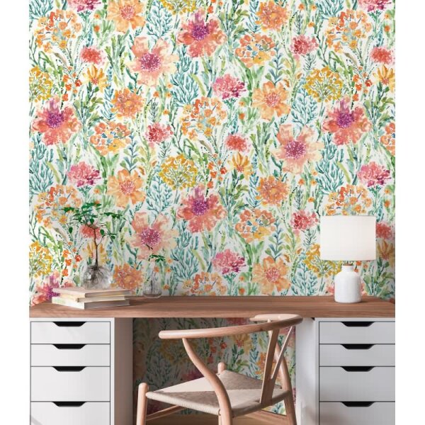 Florale Mustertapete Weiß Rot Orange – Vliestapete mit Aquarell-Blumenmotiv AS-Creation (396951)