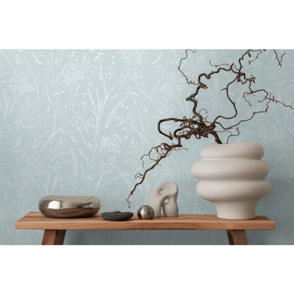 Florale Mustertapete Hellblau Grau – Vliestapete mit Gräserstruktur – Struktur Tapete dezent AS-Creation (397664)