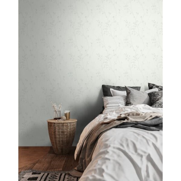 Pflanzen-Tapete Hellgrau Weißgrün – Vlies Tapete mit Zweigen – Florale Muster Tapete dezent AS-Creation (397673)