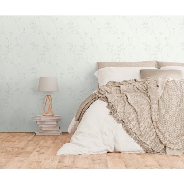 Pflanzen-Tapete Hellgrau Weißgrün – Vlies Tapete mit Zweigen – Florale Muster Tapete dezent AS-Creation (397673)