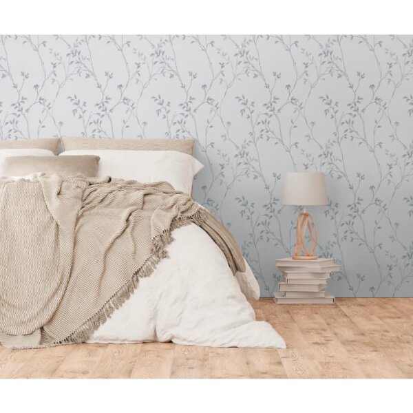 Pflanzen-Tapete Grau Anthrazit – Vliestapete mit Zweigen – Florale Mustertapete modern AS-Creation (397674)