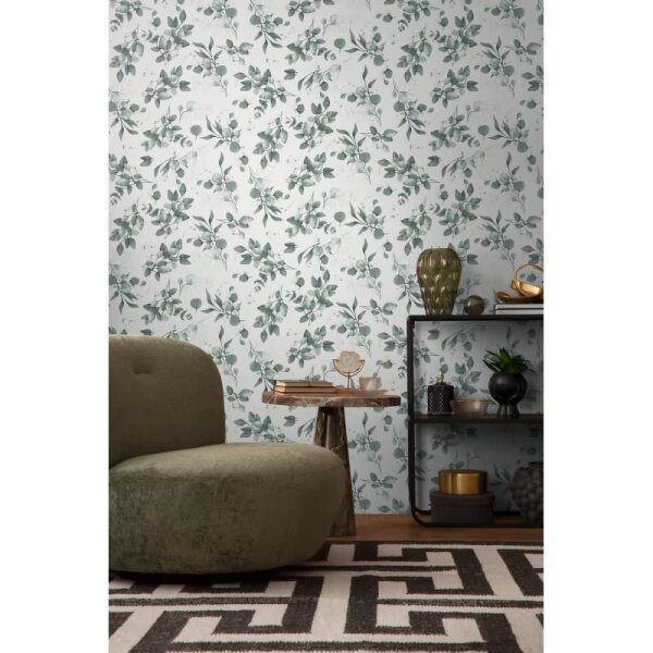 Florale Aquarell-Tapete Weiß Grün Silber – Vliestapete mit Blättern – Natürliche Mustertapete AS-Creation (397682)