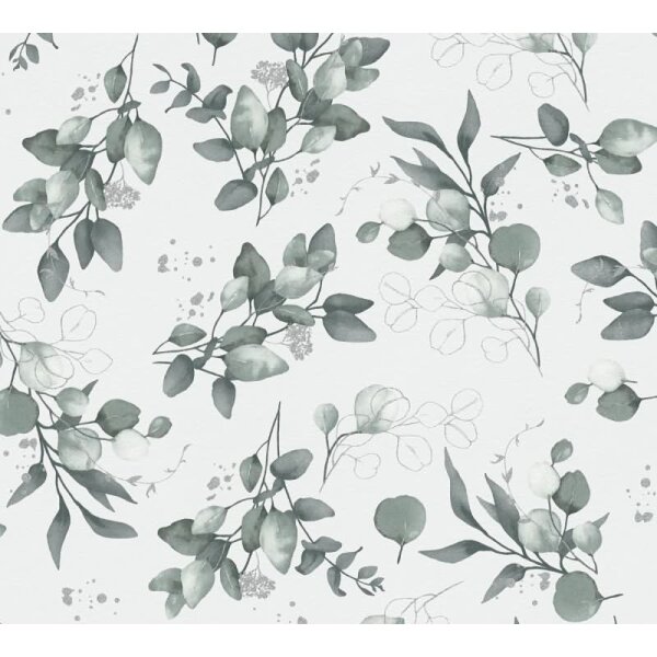 Florale Aquarell-Tapete Weiß Grün Silber – Vliestapete mit Blättern – Natürliche Mustertapete AS-Creation (397682)
