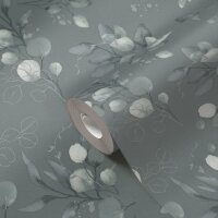 Florale Aquarell-Tapete Dunkelgr&uuml;n Silber &ndash;...