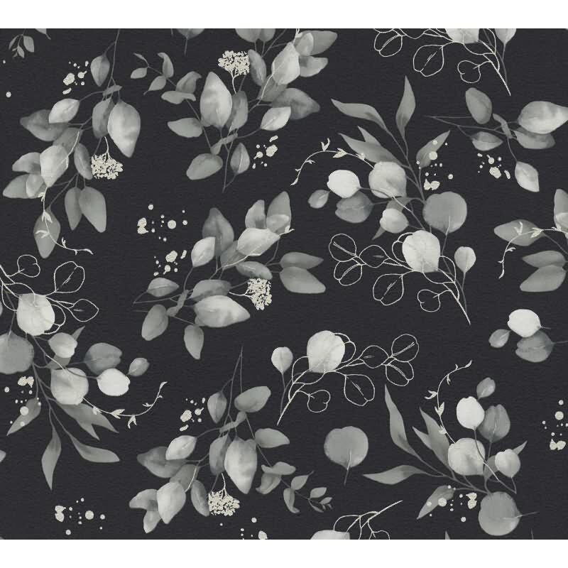 Florale Aquarell-Tapete Schwarz Grau Silber – Vliestapete mit Blättern – Elegante Mustertapete AS-Creation (397685)