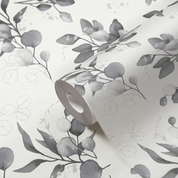 Florale Aquarell-Tapete Weiß Grau Silber – Vliestapete mit Blättern – Edle Mustertapete AS-Creation (397686)