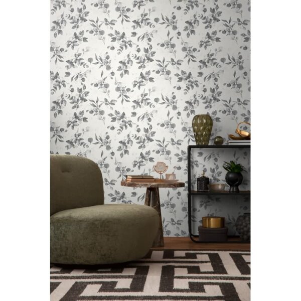 Florale Aquarell-Tapete Weiß Grau Silber – Vliestapete mit Blättern – Edle Mustertapete AS-Creation (397686)