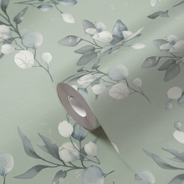 Florale Aquarell-Tapete Salbeigrün Silber Grau – Vliestapete mit Blättern – Natürliche Mustertapete AS-Creation (397687)