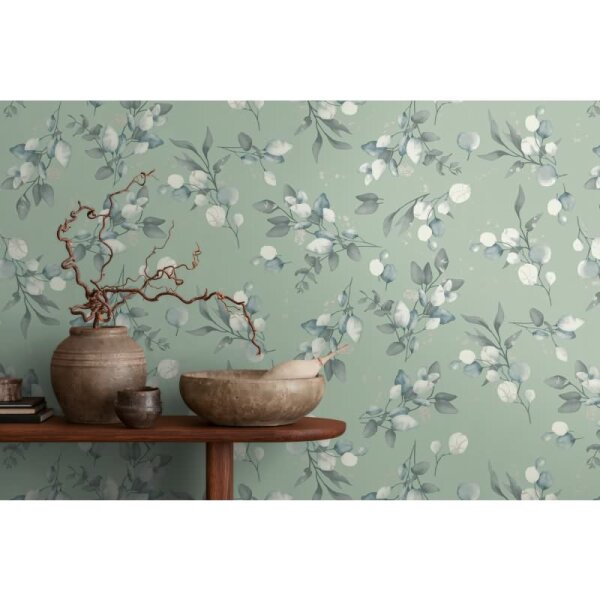Florale Aquarell-Tapete Salbeigrün Silber Grau – Vliestapete mit Blättern – Natürliche Mustertapete AS-Creation (397687)