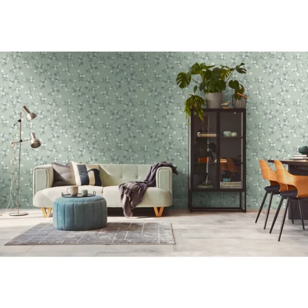 Florale Aquarell-Tapete Salbeigrün Silber Grau – Vliestapete mit Blättern – Natürliche Mustertapete AS-Creation (397687)