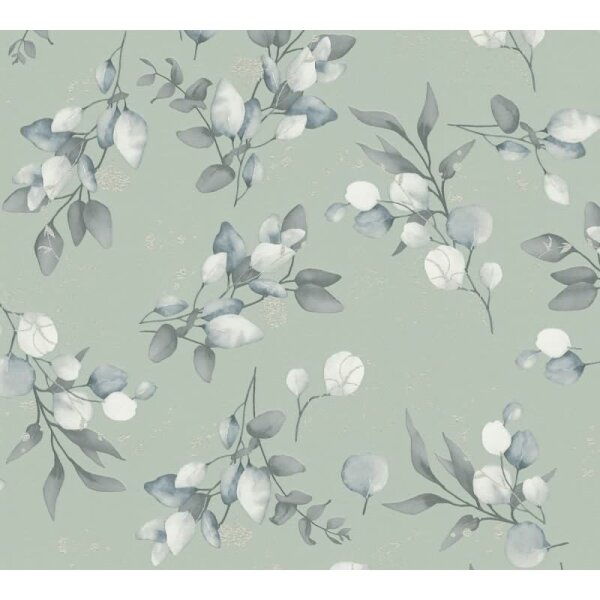 Florale Aquarell-Tapete Salbeigrün Silber Grau – Vliestapete mit Blättern – Natürliche Mustertapete AS-Creation (397687)