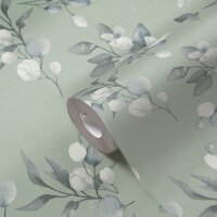 Florale Aquarell-Tapete Salbeigr&uuml;n Silber Grau...