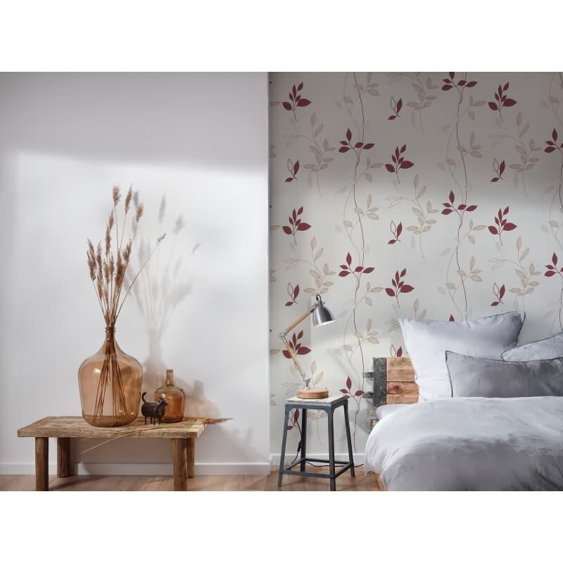 Florale Mustertapete Weiß Beige Rot – Vliestapete mit Blätterranken – Natürliches Design AS-Creation (249739)