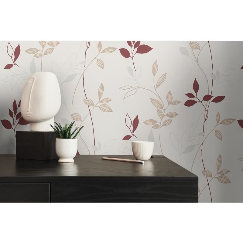 Florale Mustertapete Weiß Beige Rot – Vliestapete mit Blätterranken – Natürliches Design AS-Creation (249739)