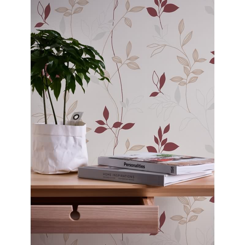 Florale Mustertapete Weiß Beige Rot – Vliestapete mit Blätterranken – Natürliches Design AS-Creation (249739)