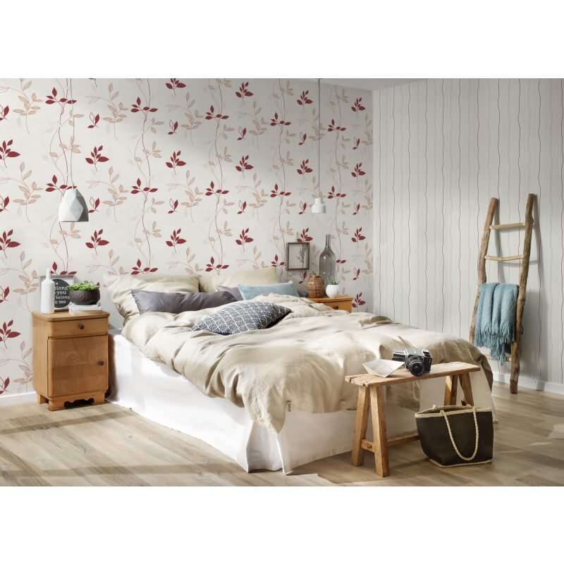 Florale Mustertapete Weiß Beige Rot – Vliestapete mit Blätterranken – Natürliches Design AS-Creation (249739)