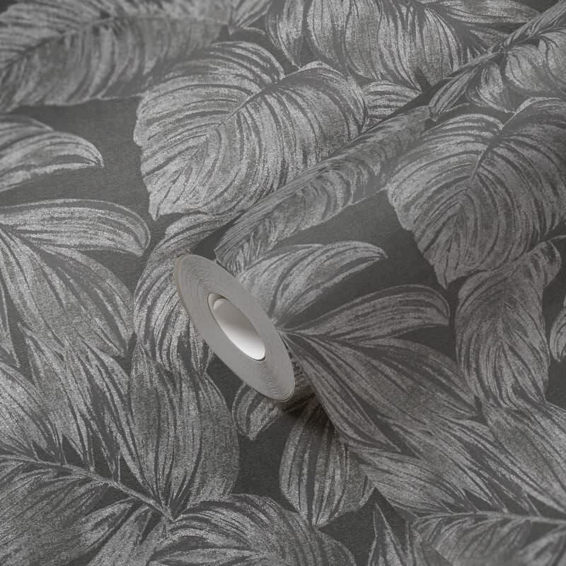 Dschungel-Tapete Dunkelgrau Silber – Vliestapete mit Blättern – Tropische Mustertapete modern AS-Creation (393404)